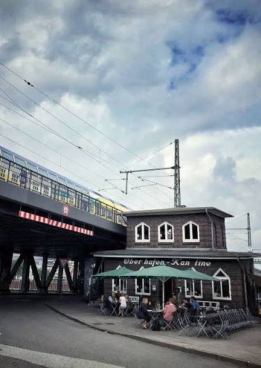 Public pavement beside Oberhafen-Kantine at Stockmeyerstrasse 39, clear of the road and railway structures.