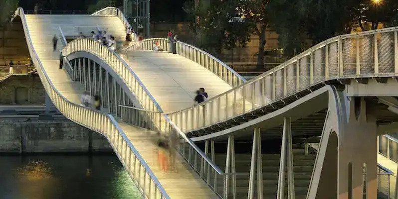 Public pedestrian deck of Passerelle Simone-de-Beauvoir between Bercy and the Bibliothèque nationale de France, Paris.