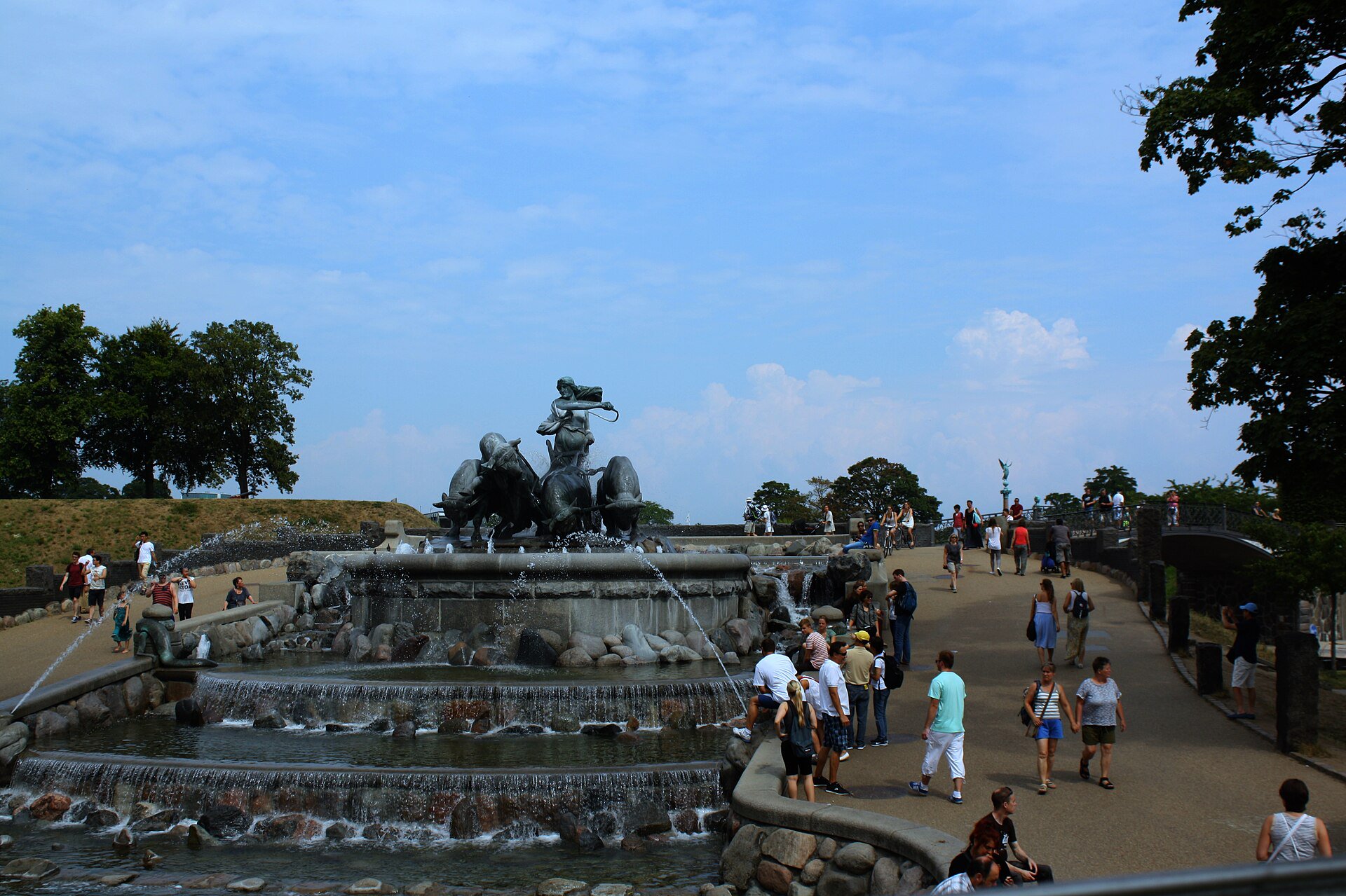 Public paved viewing area beside the Gefion Fountain in Churchillparken, Copenhagen, outside the basin and clear of stairs.