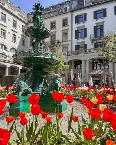 Public courtyard space beside the Zentralhof fountain, outside its basin and clear of building entrances.