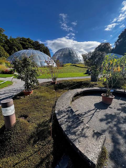 Public path beside the domed greenhouses at the University Botanical Garden, Zollikerstrasse 107.