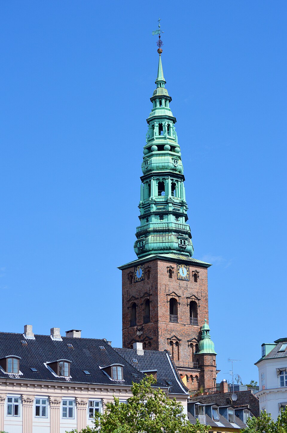 Public space on Nikolaj Plads facing Nikolaj Kunsthal’s entrance and tower, outside the visitor doorway.