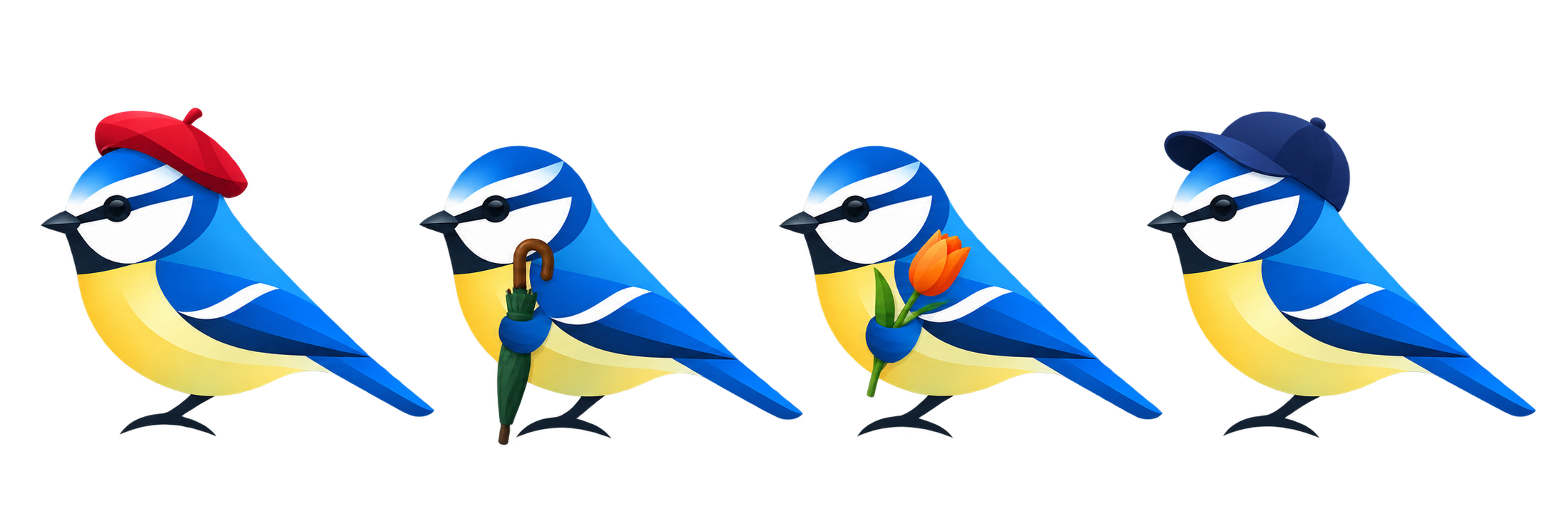 Visitaki city-inspired birds: Paris in a red beret, London with an umbrella, Amsterdam with a tulip, and New York in a baseball cap
